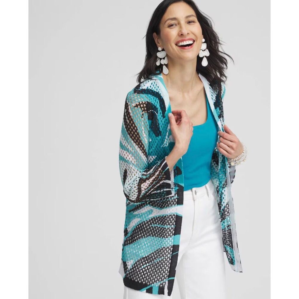 CHICO'S Palms Printed Mesh Cardigan, Turquoise/Black/White, Beachy, Sz 4 (XXL)
